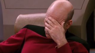 The famous facepalm from Patrick Stewart in Star Trek: The Next Generation