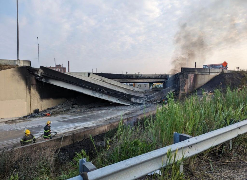 A collapsed portion of bridge on the I-95 in Philadelphia. 