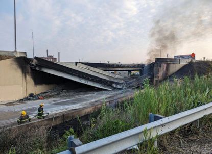 A collapsed portion of bridge on the I-95 in Philadelphia. 