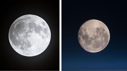 Two images of the moon side by side, the one on the left shows a white/gray moon against a black background while the image on the left shows a browner moon in a blue night sky.