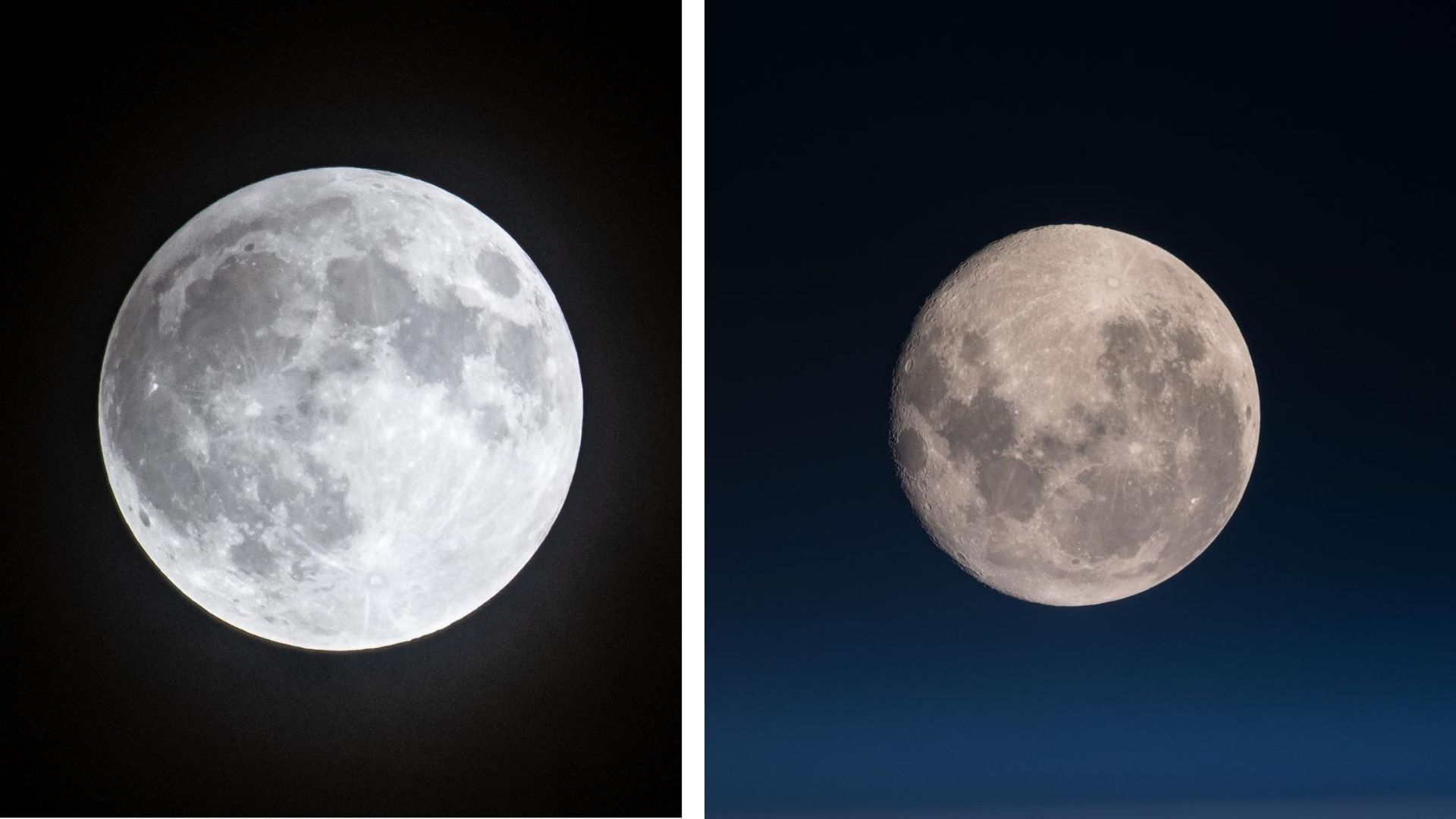 Two images of the moon side by side, the one on the left shows a white/gray moon against a black background while the image on the left shows a browner moon in a blue night sky.