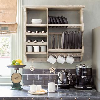 grey kitchen countertop plate rack