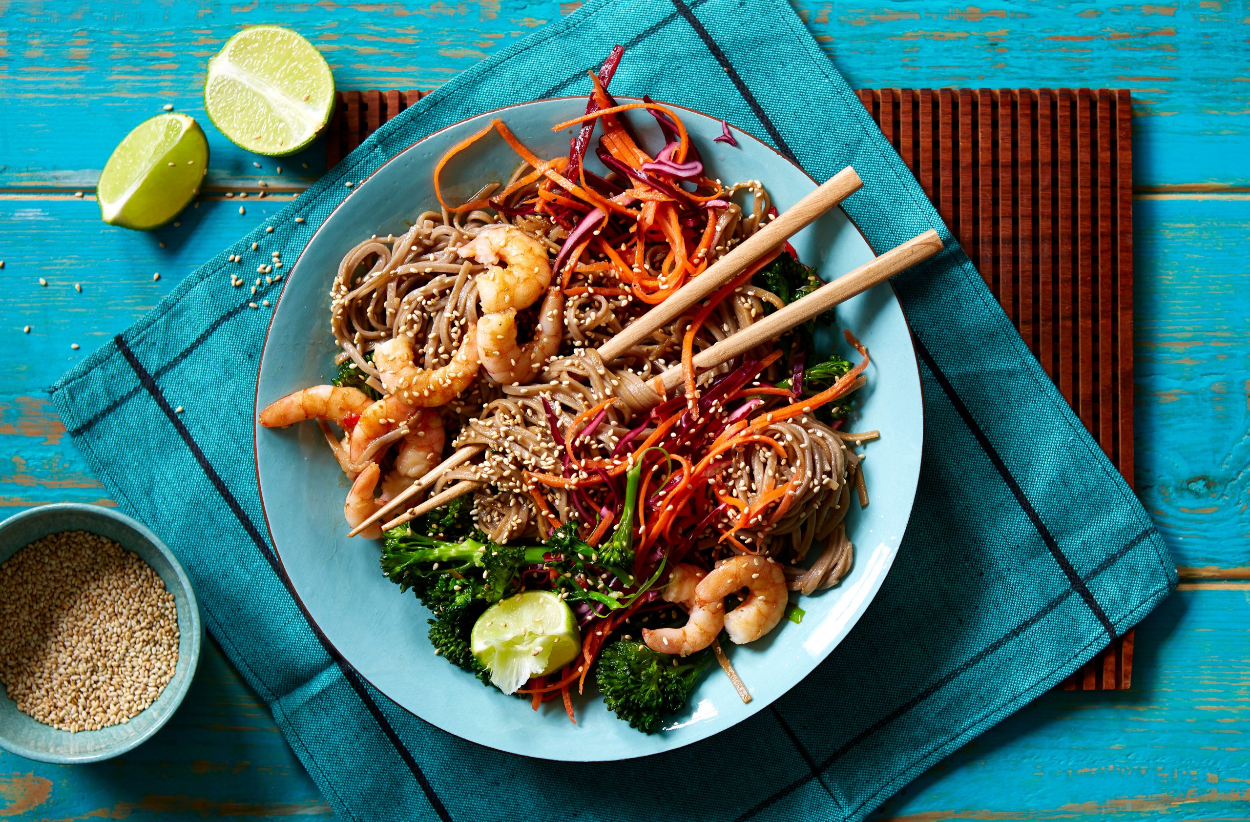 Soba noodles with spicy miso prawns , low calorie meals