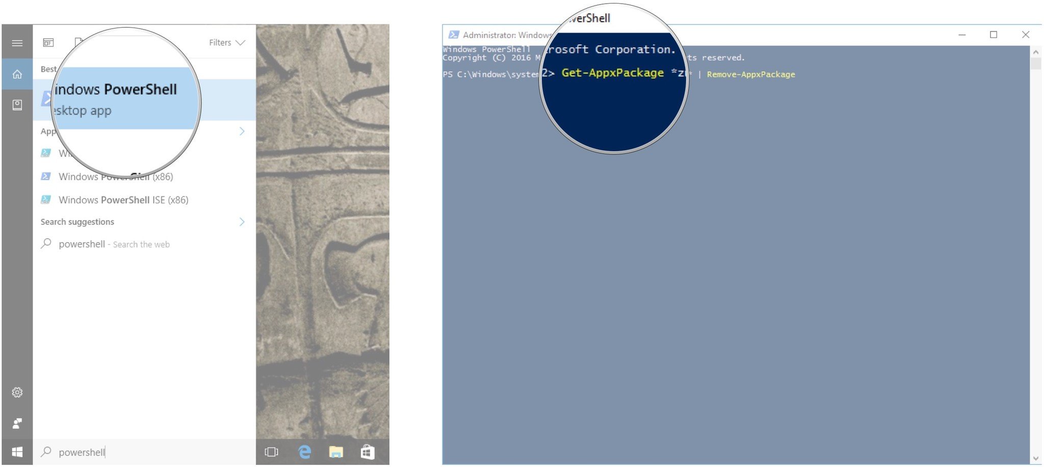 Right-click Windows PowerShell and click Run as administrator. Type a command and hit Enter.