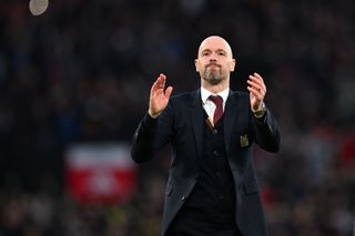 Manchester United manager, Erik ten Hag, looks on after the Emirates FA Cup Quarter Final between Manchester United and Liverpool FC at Old Trafford on March 17, 2024 in Manchester, England.