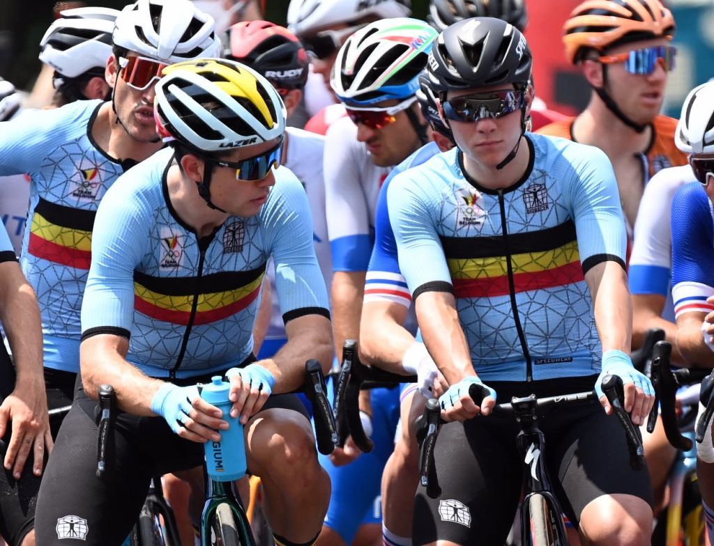 Belgian road cyclist Wout Van Aert and Belgian road cyclist Remco Evenepoel pictured at the start of the mens cycling road race on the second day of the Tokyo 2020 Olympic Games with finish at the Fuji Speedway in Gotenba Tokyo Japan on Saturday 24 July 2021 The postponed 2020 Summer Olympics are taking place from 23 July to 8 August 2021 BELGA PHOTO ROB WALBERS Photo by ROB WALBERSBELGA MAGAFP via Getty Images