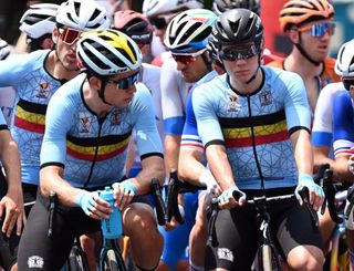 Belgian road cyclist Wout Van Aert and Belgian road cyclist Remco Evenepoel pictured at the start of the mens cycling road race on the second day of the Tokyo 2020 Olympic Games