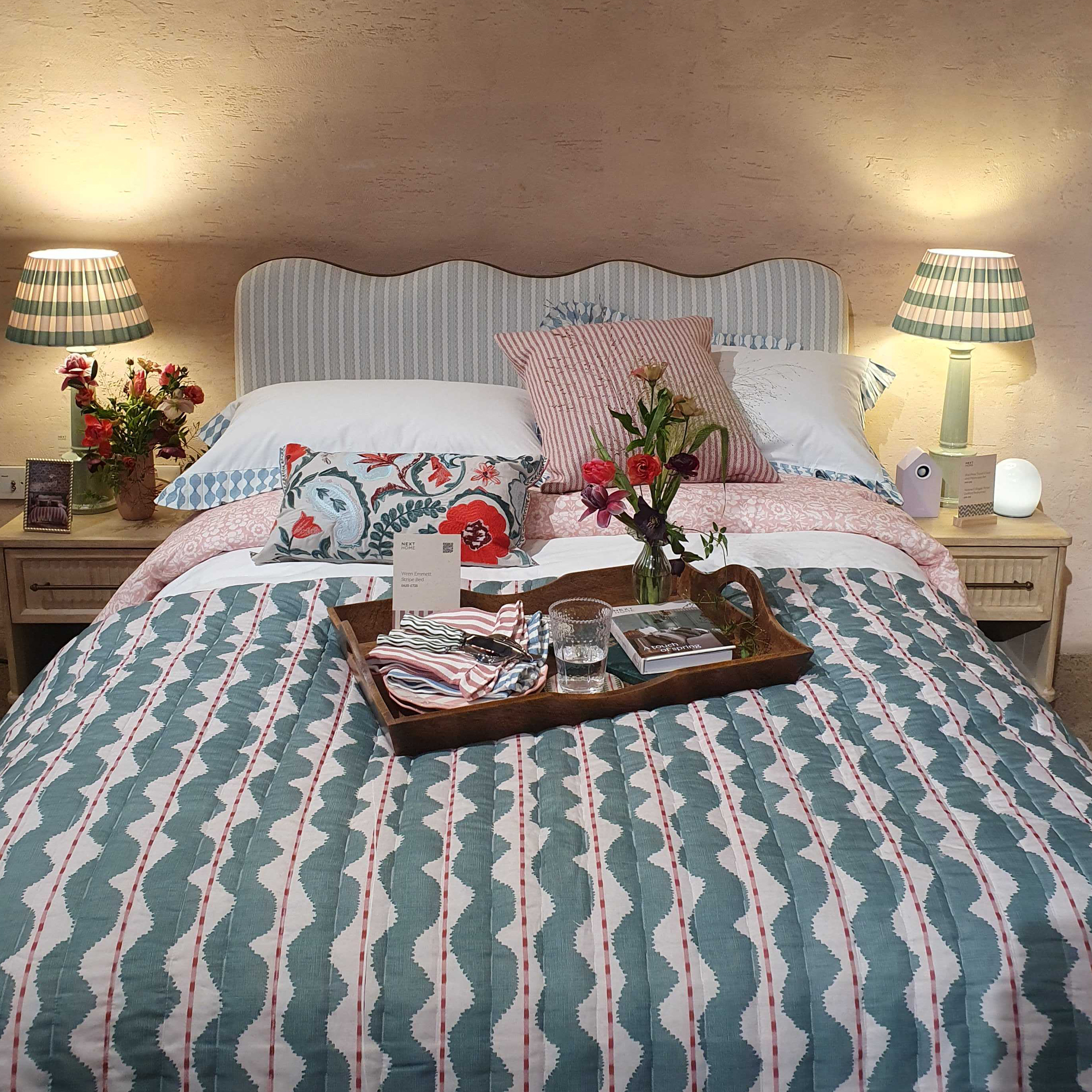 The Next Emmett Stripe Sage Green Wren Scallop Headboard Ottoman Storage Bed