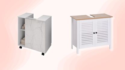 Two bathroom cabinets on pink background
