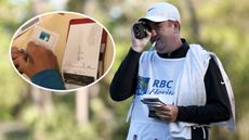 A caddie looks through a rangefinder and an inset of someone making notes in a book