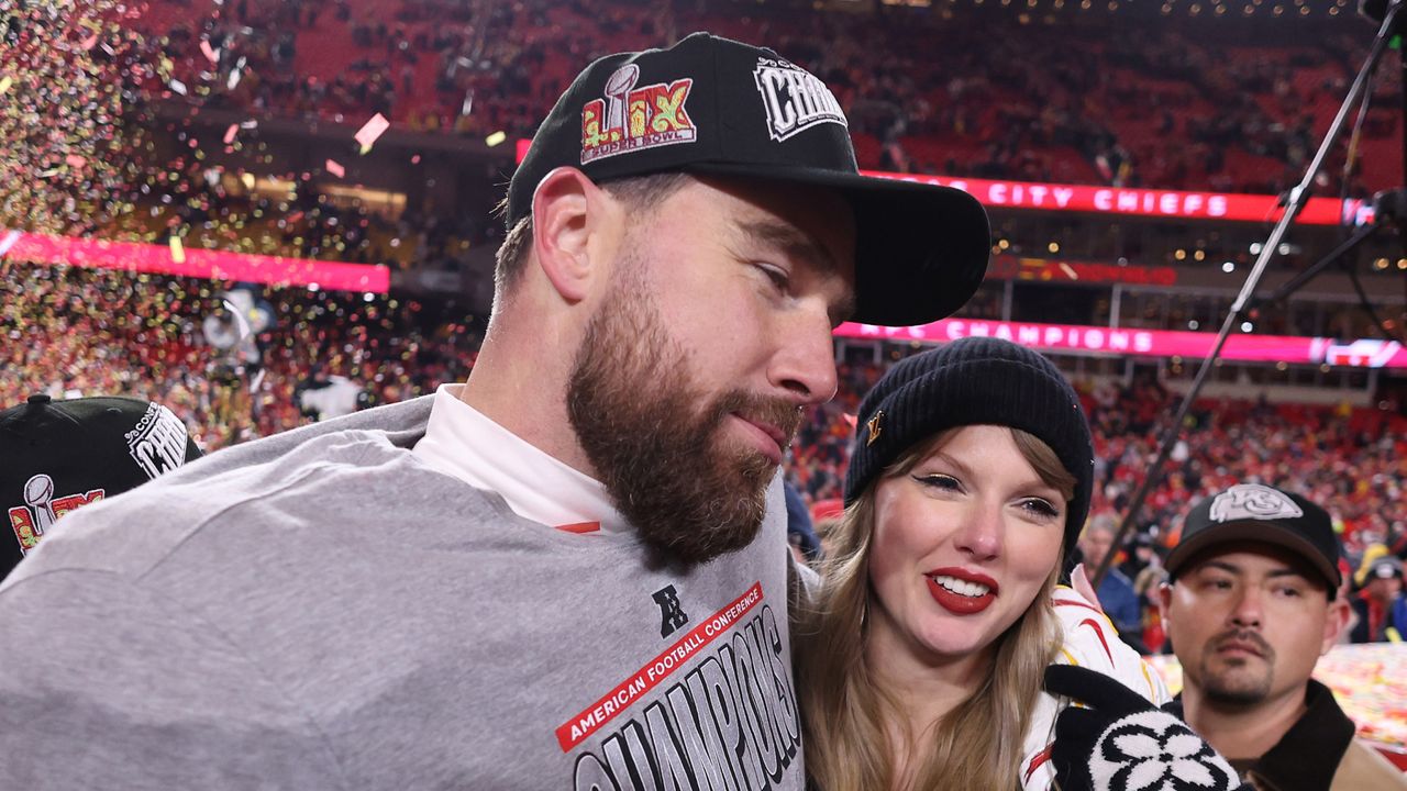 Taylor Swift and Travis Kelce at the AFC Championship Game in January 2025