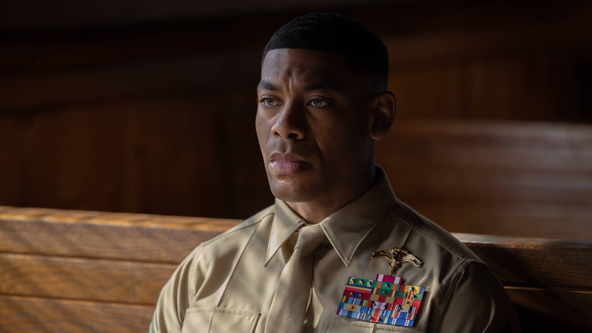 Aaron Pierre as John Stewart in military uniform in Lanterns episode 3