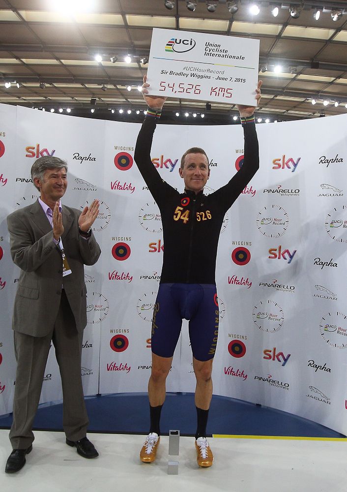 Bradley Wiggins of Great Britain and Team Wiggins celebrates after the UCI One Hour Record at Lee Valley Velopark Velodrome.