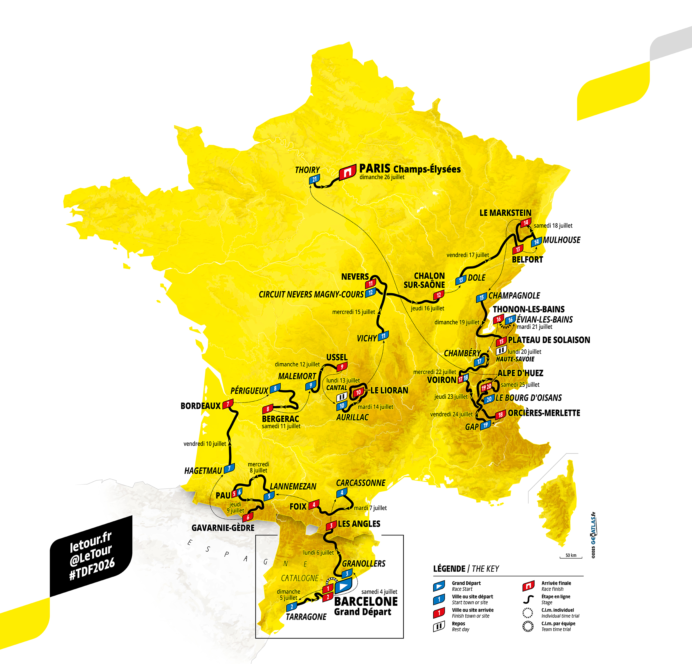 Overall map of the 2026 Tour de France