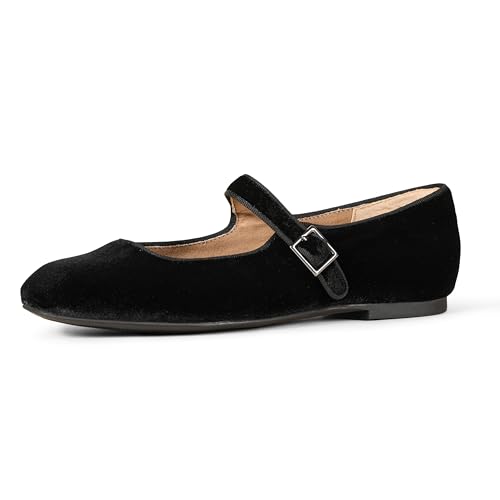 Amazon Essentials Women's Mary Jane Ballet Flat, Black Velvet, 9