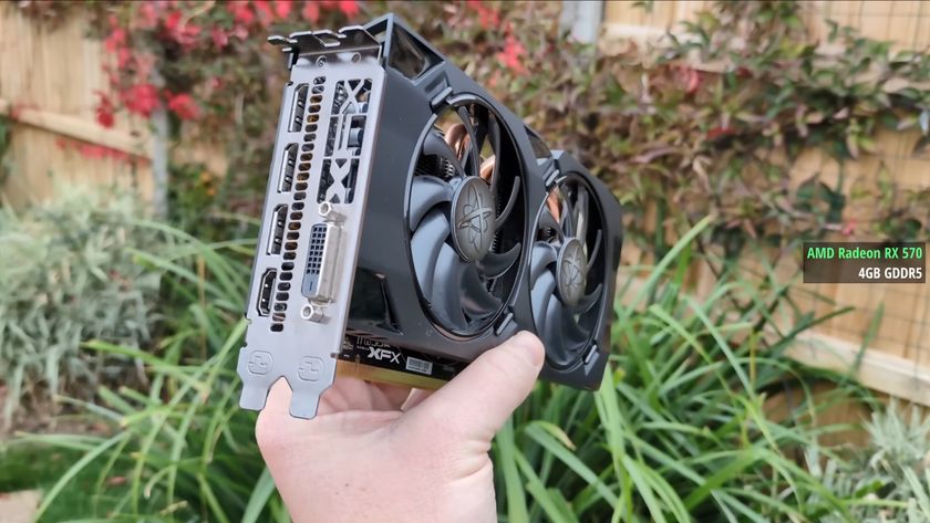RandomGaminginHD holding a 4 GB RX 570 graphics card.