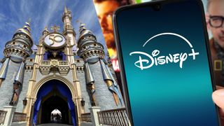 Disney Cinderella's castle image spliced with Disney plus logo on a a phone