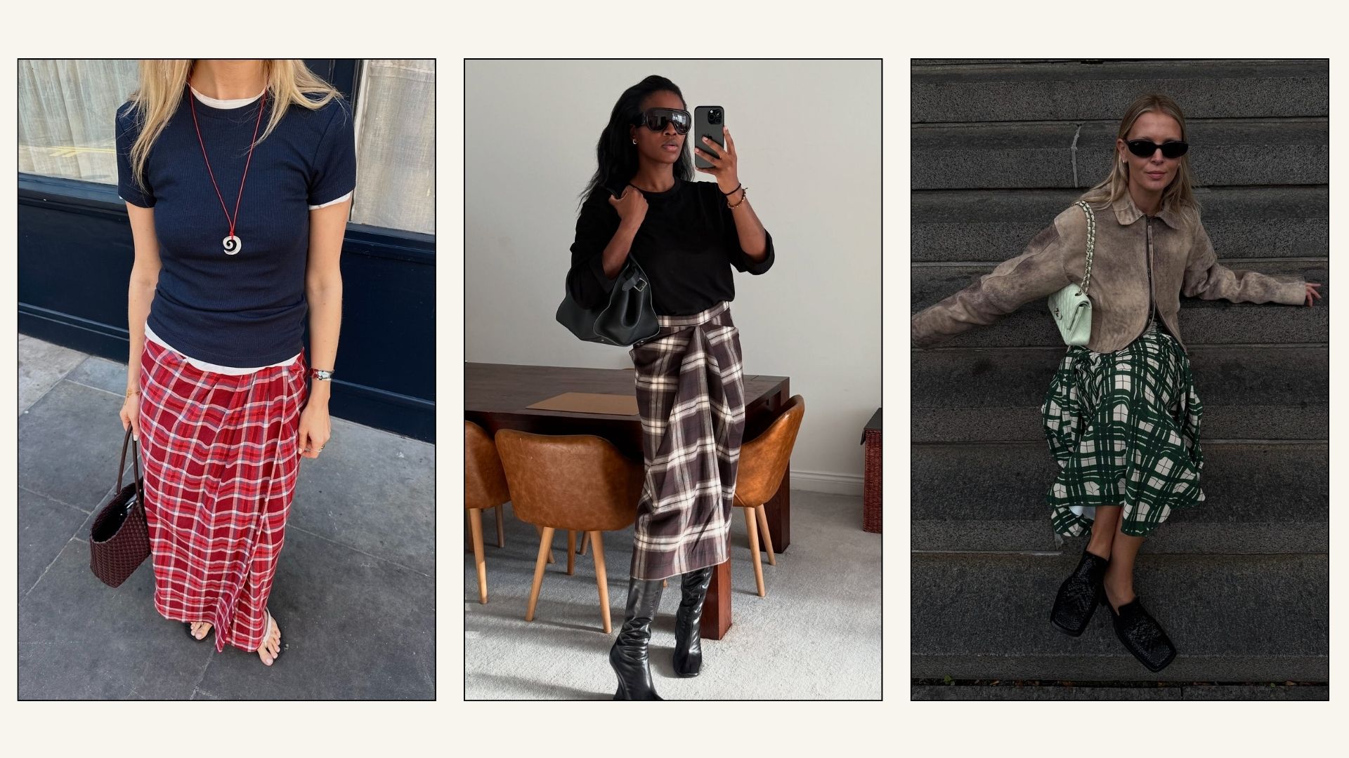 Collage of influencers wearing checked skirts with t-shirts, knits and suede jackets.