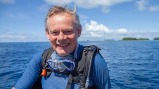 Martin Clunes wearing diving gear for Martin Clunes: Islands of the Pacific