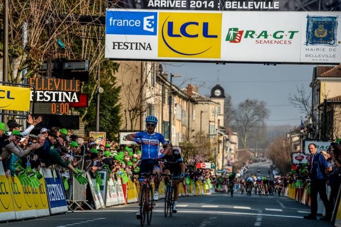 Tom Jelte Slagter (Garmin-Sharp) outsprints breakaway companion Geraint Thomas (Sky) to win stage 4 at Paris-Nice