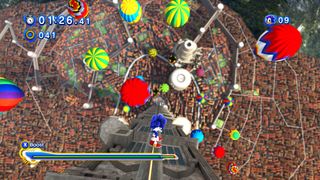 Modern Sonic grinds down a tower on a grind rail in Spagonia in Sonic Generations