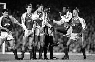 Football League Cup - Arsenal v Liverpool - Arsenal players in a defensive wall L to R : Brian Marwood, Kevin Richardson, paul Merson, Michael Thomas, David Rocastle and Lee Dixon