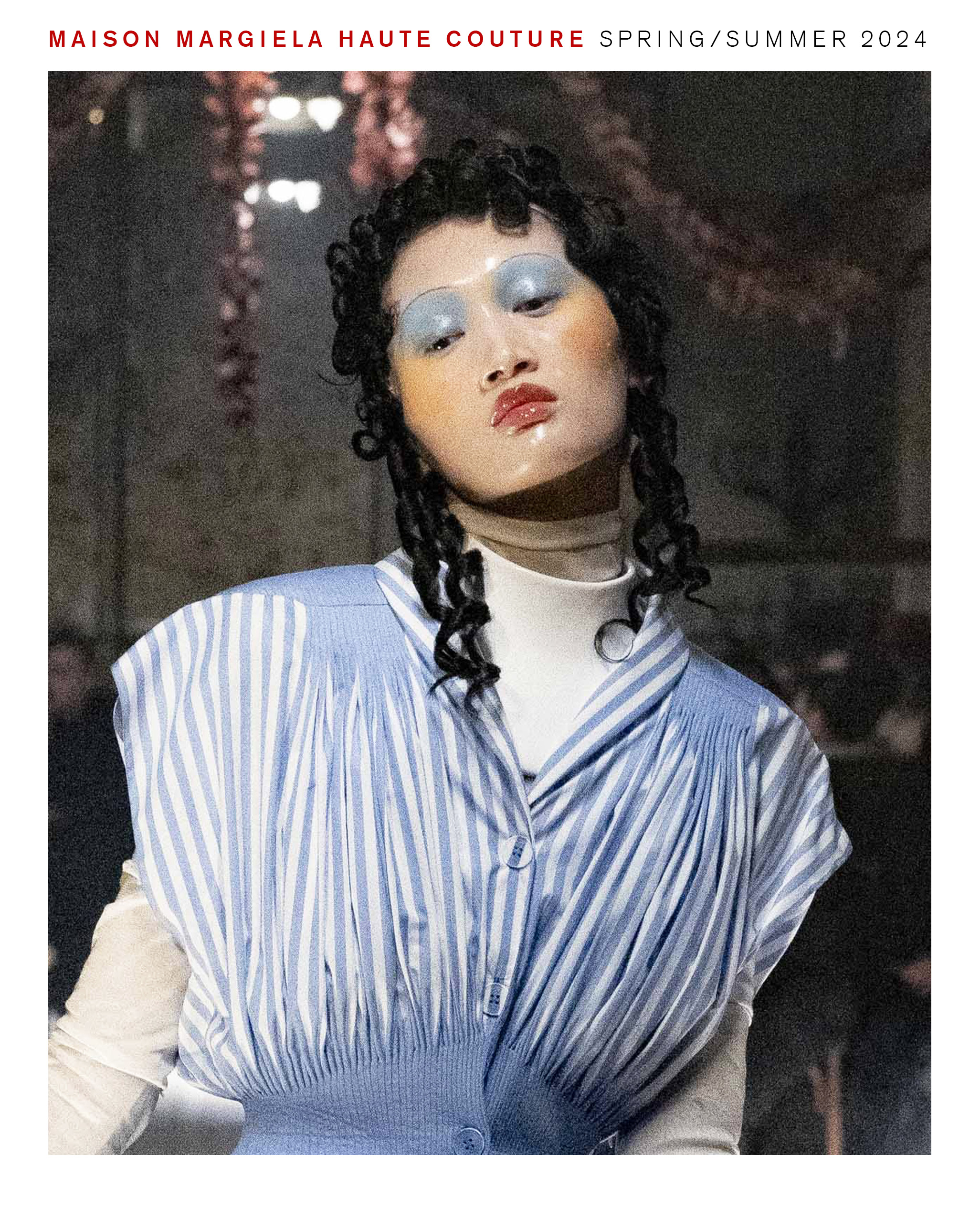 Model wearing Pat McGrath makeup look for Maison Margiela haute couture spring/summer 2024 show.