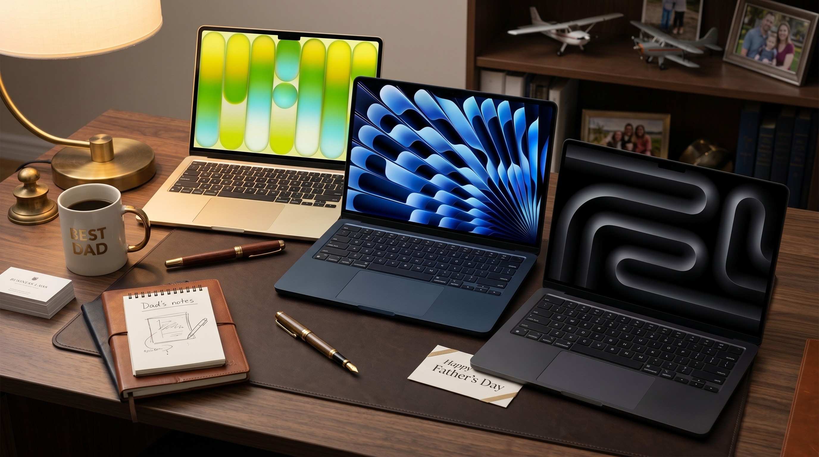 Various Apple MacBooks arranged on a desk with various stationary, a mug, and a father's day card.