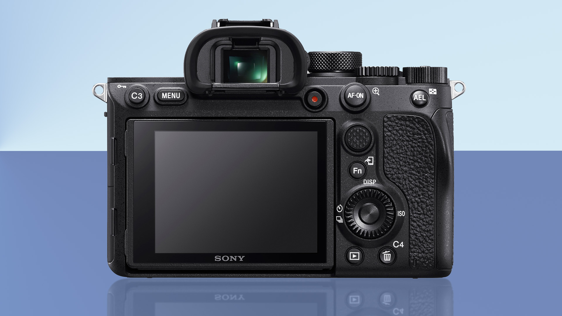 The back of the Sony A7R IV camera on a blue background