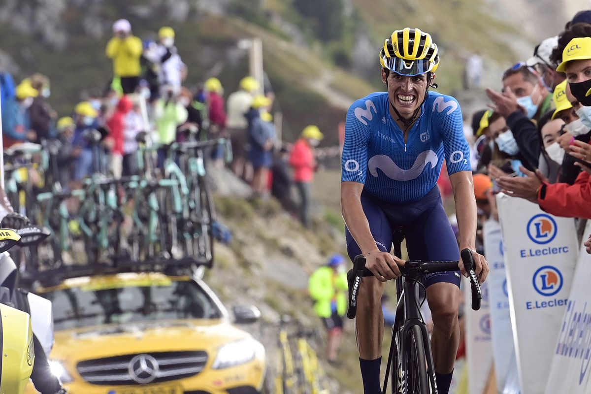 Movistar’s Enric Mas fights his way to the finish of stage 17 of the 2020 Tour de France on the Col de la Loze