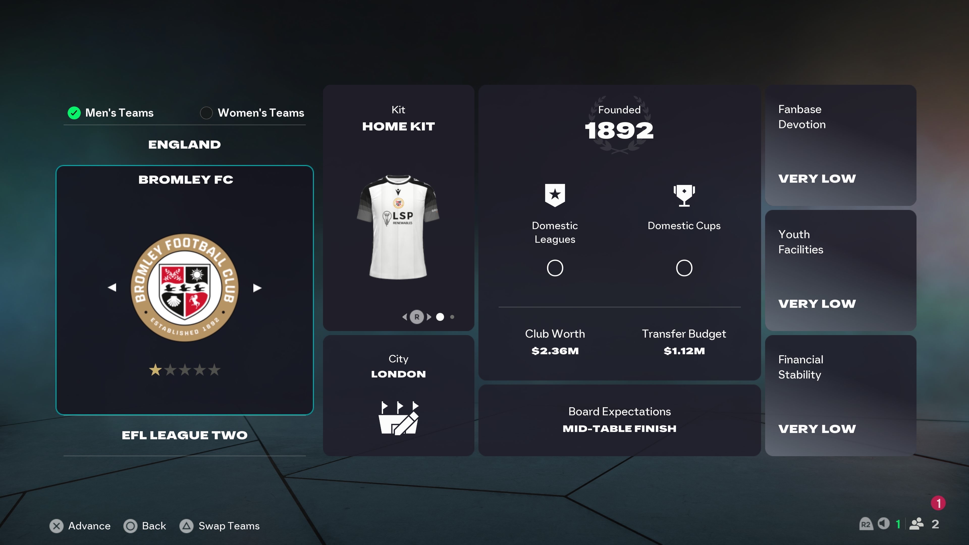 FC 26 manager mode intro screen for Bromley