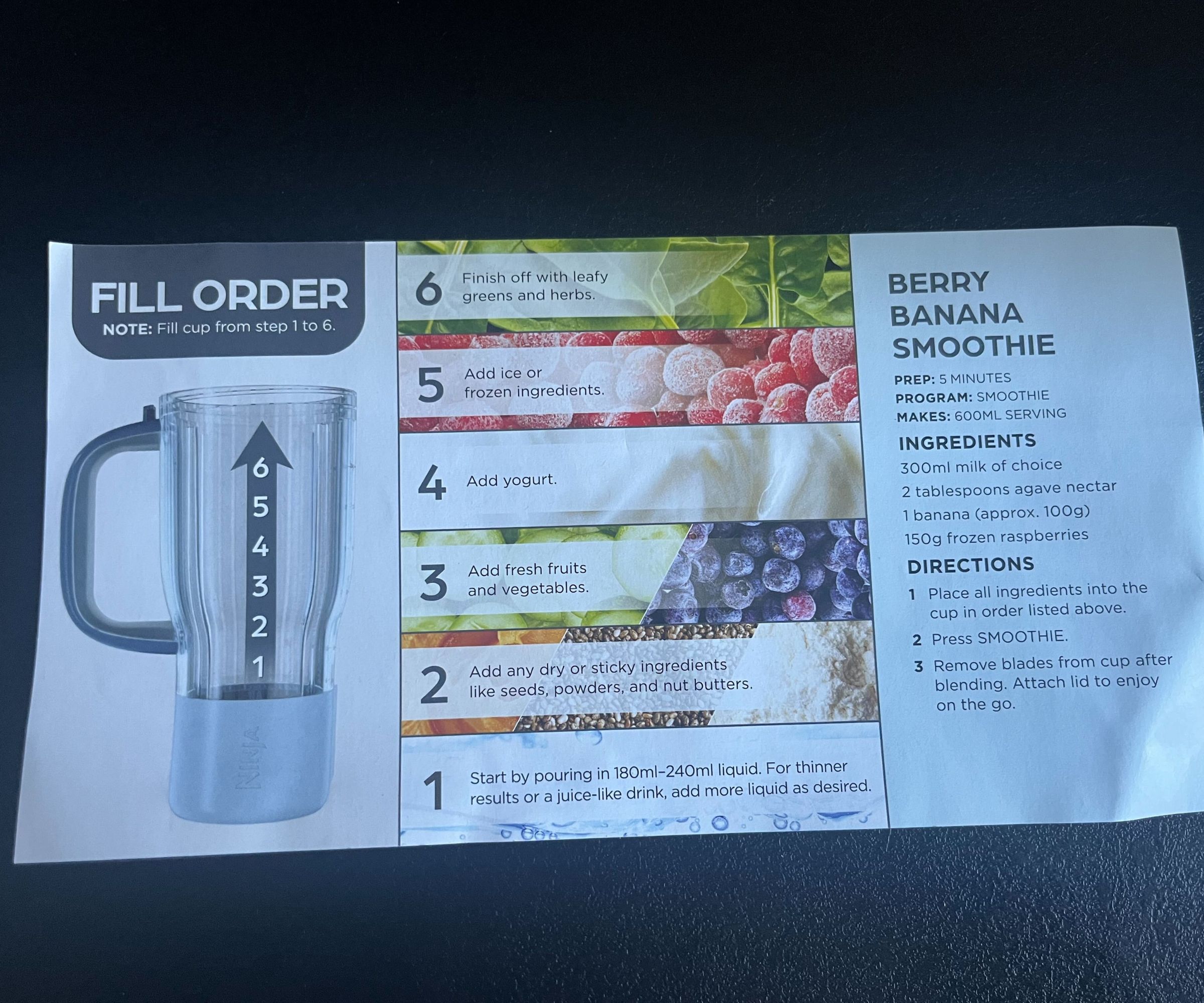 The Ninja Blendboss smoothie fill order instruction pamphlet