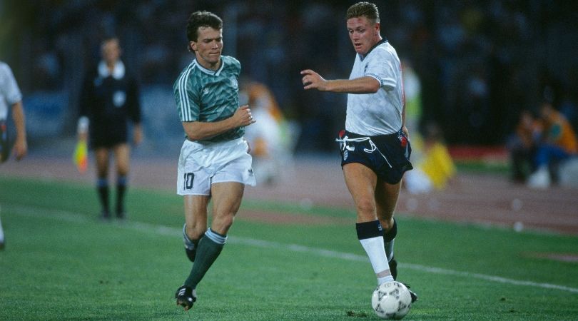 West Germany&#039;s Lothar Matthaus challenges England&#039;s Paul Gascoigne in the teams&#039; 1990 World Cup semi-final in Italy.