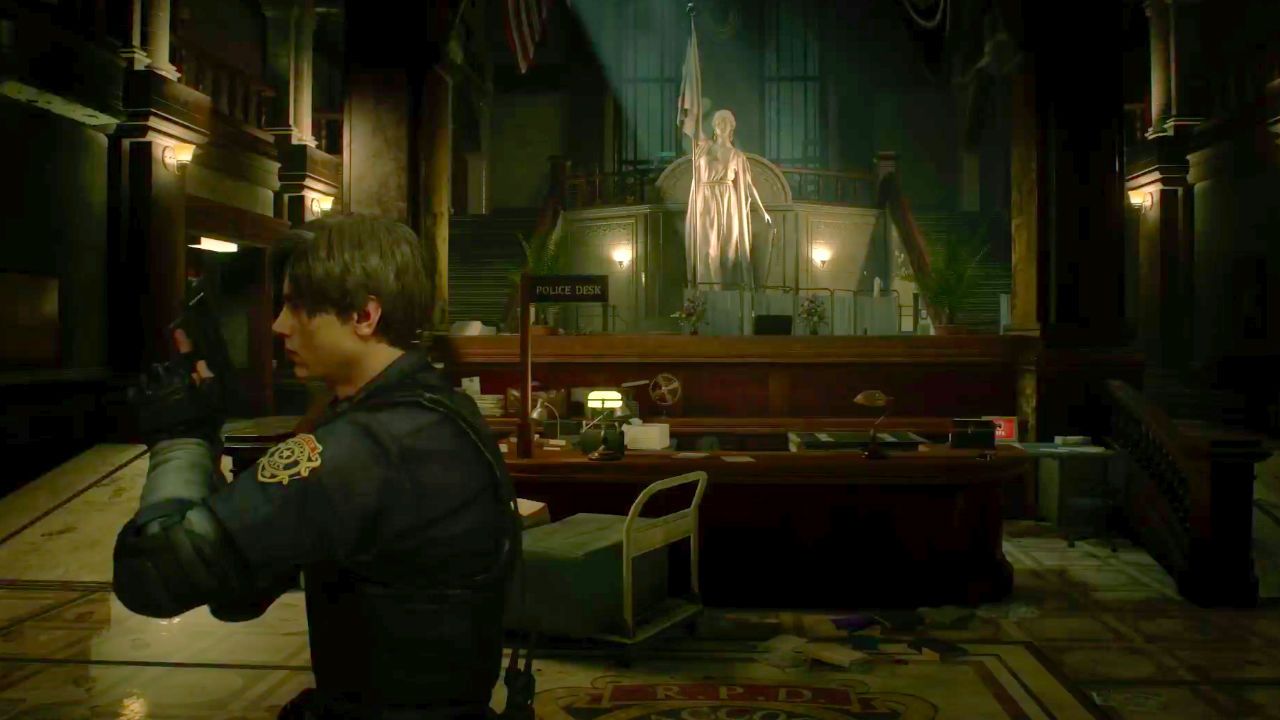 Inside the police station: that fountain is still in the centre of the room.