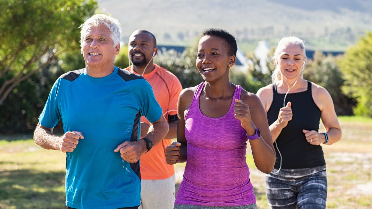 Group of older adults running outside