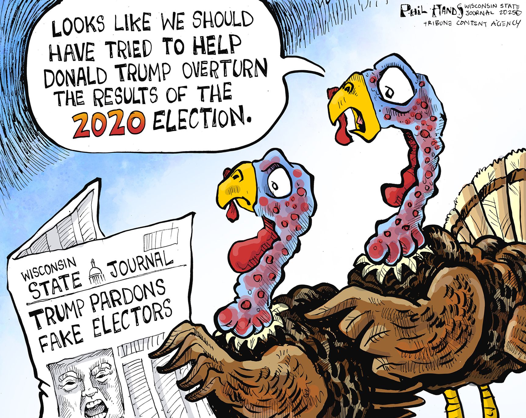 
                                Two turkeys read the Wisconsin State Journal newspaper in this editorial cartoon. The headline on the paper reads, “Trump pardons fake electors.” One turkey says, “Looks like we should have tried to help Donald Trump overturn the results of the 2020 election.”
                            