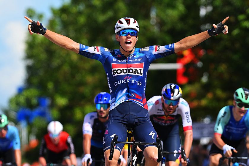 FANGCHENG, CHINA - OCTOBER 14: Paul Magnier of France and Team Soudal Quick-Step celebrates at finish line as stage winner during the 6th Gree-Tour Of Guangxi 2025, Stage 1 a 149.4km stage from Fangchenggang to Fangchenggang on October 14, 2025 in Fangcheng, China. (Photo by Tim de Waele/Getty Images)