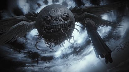 The Duskbloods screenshot showing someone standing beneath a giant spherical moonlike creature, which has a staring face and angelic wings