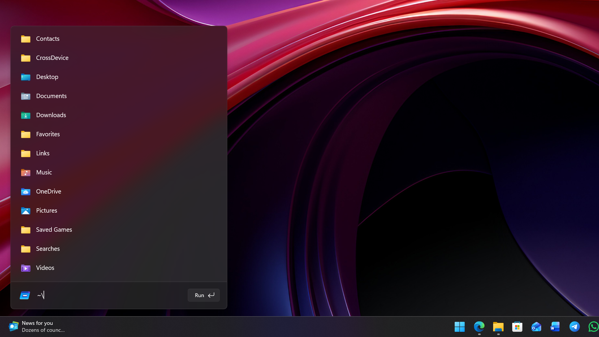 The new Windows Run box on the desktop above the weather icon on the Taskbar.