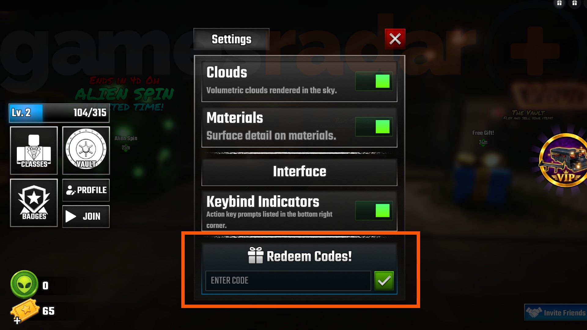 The Last Stop codes redemption box at the bottom of the game's settings menu.