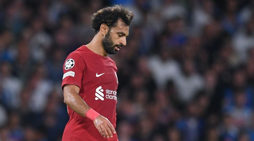 Liverpool forward Mo Salah looking dejected during the Reds&#039; 4-1 loss to Napoli in the Champions League.