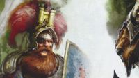 Graf Boris Todbringer, with an eyepatch and a helmet that looks like a castle, faces his beastman nemesis