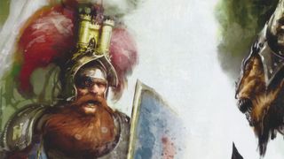 Graf Boris Todbringer, with an eyepatch and a helmet that looks like a castle, faces his beastman nemesis