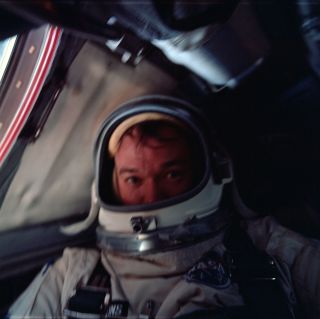 Self-portrait snapped by pilot Michael Collins during the Gemini 10 mission in July 1966. CREDIT: NASA