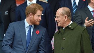 london, united kingdom october 31 embargoed for publication in uk newspapers until 48 hours after create date and time prince harry and prince philip, duke of edinburgh attend the 2015 rugby world cup final match between new zealand and australia at twickenham stadium on october 31, 2015 in london, england photo by max mumbypoolindigogetty images