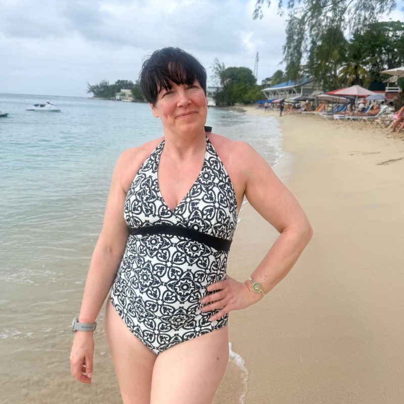 Tammi Theis wearing a White Stuff swimsuit