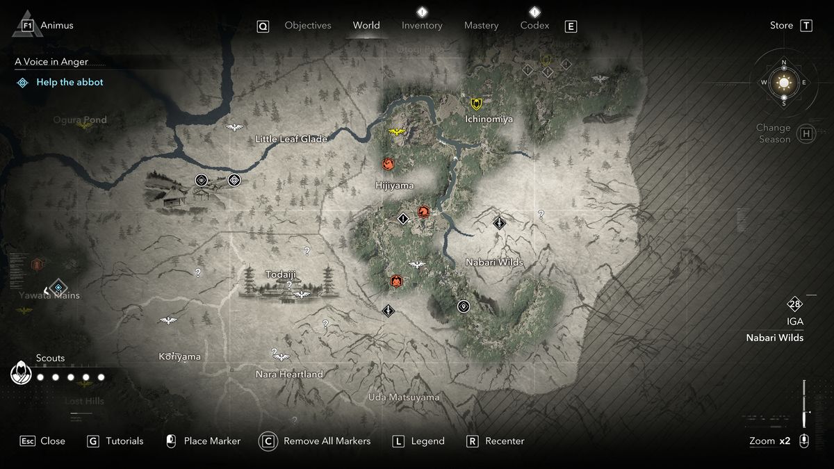 Assassin's Creed Shadows knowledge points - Three knowledge activities among other icons on a partially explored section of the map.