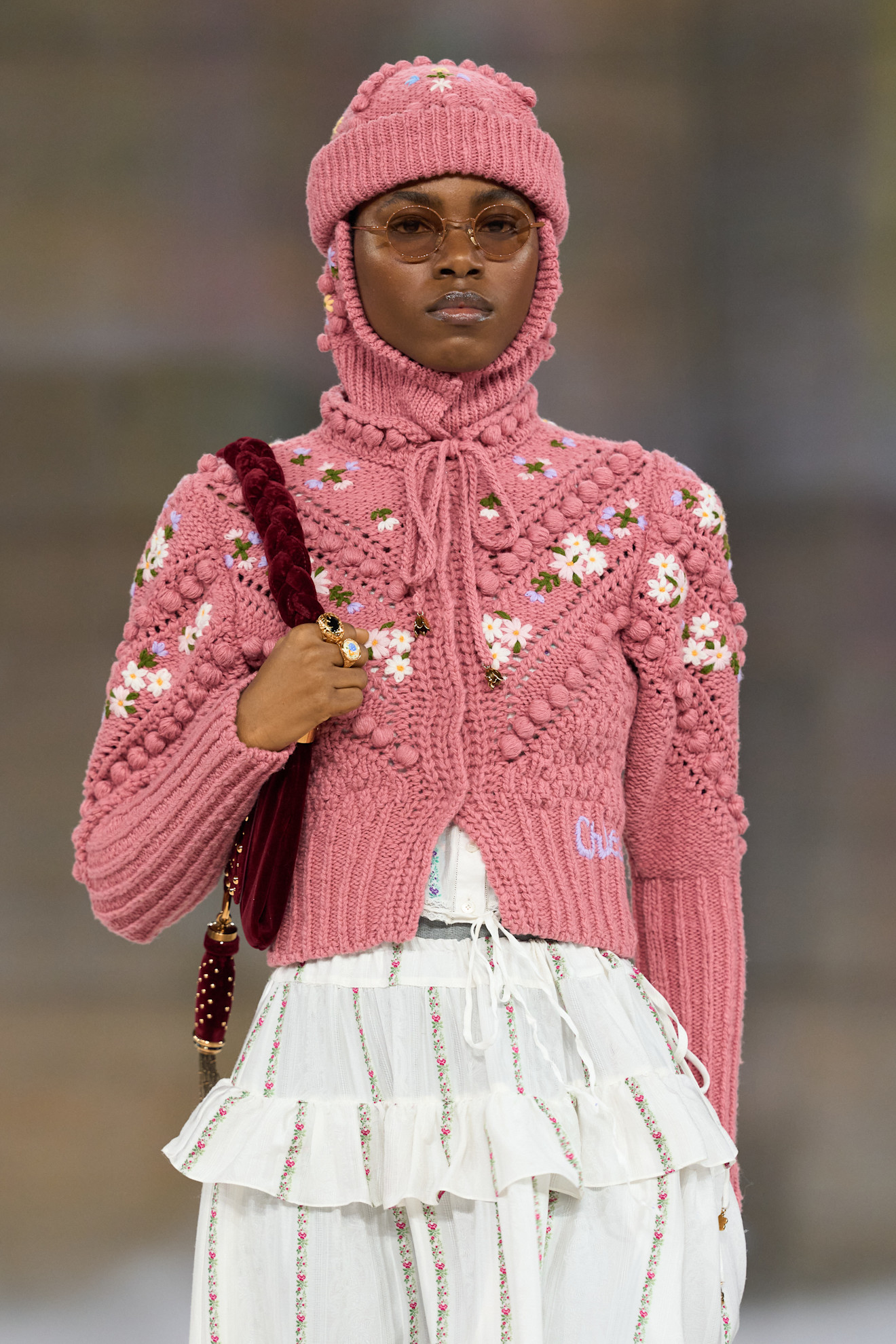 Chlo&amp;eacute; model wears pink cardigan