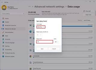 Set new data limit on Windows 11