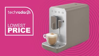 Smeg BCC12 coffee maker on pink background with white text reading &#039;TechRadar lowest price&#039;